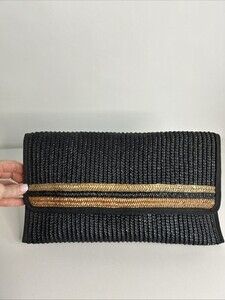 Vintage Clutch Bag Black Tan Gold Straw Handicrafted Made in Italy Mantessa